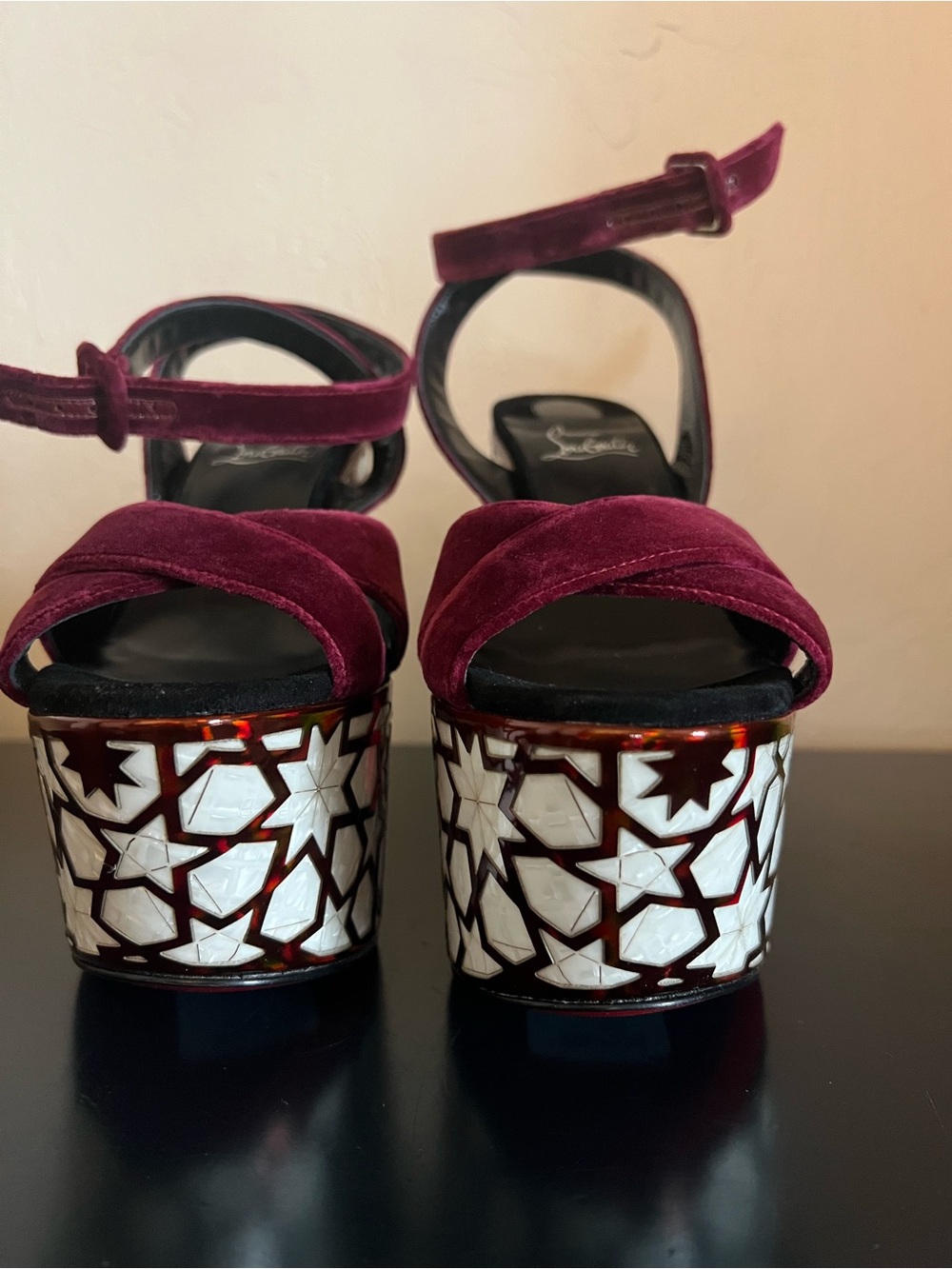 Christian Louboutin Superyaz Burgundy Velvet Platform Sandals with Mosaic-Inlay - Picture 5 of 13